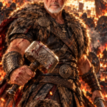 KI-generiertes Bild eines martialischen Wikingerkriegers auf einem brennenden Schlachtfeld