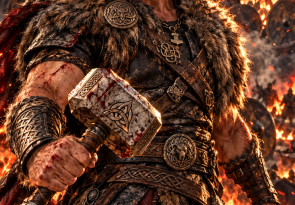 KI-generiertes Bild eines martialischen Wikingerkriegers auf einem brennenden Schlachtfeld